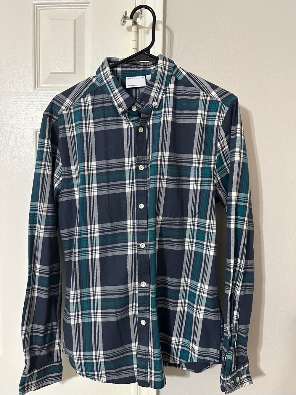 ASOS Design Plaid Button Down Shirt Men’s Large Blue Green Long Sleeve Casual